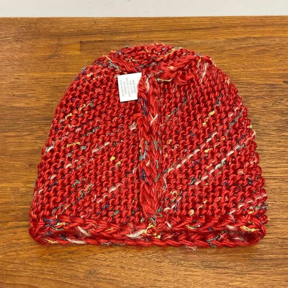 Wool Blend Women’s Red Chunky Knit Beanie Stocking Cap Ski Winter Hat Boho Indie